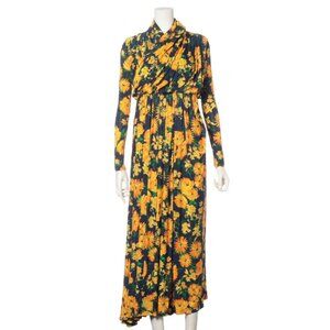 Balenciaga Yellow Floral Rayon Long Sleeve Maxi Dress Navy Blue